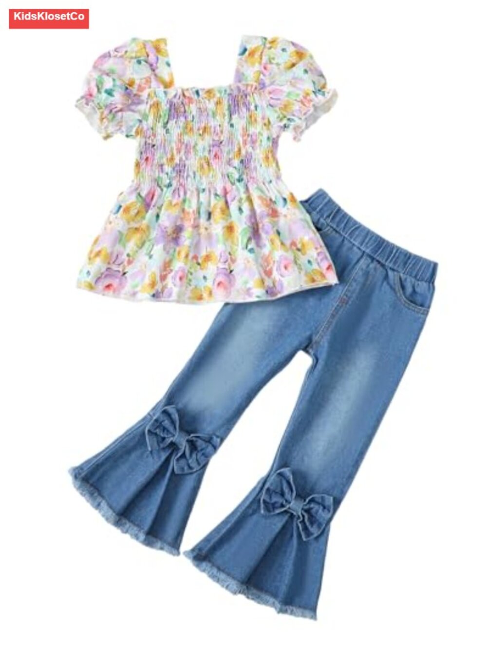 Girls 2 Piece Outfit Denim Flare Jeans & Peplum Top Set